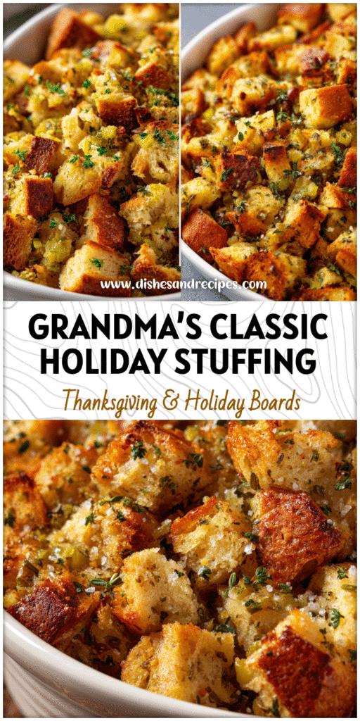 Golden bread stuffing in a casserole dish with herbs, a traditional stuffing recipe for Thanksgiving.